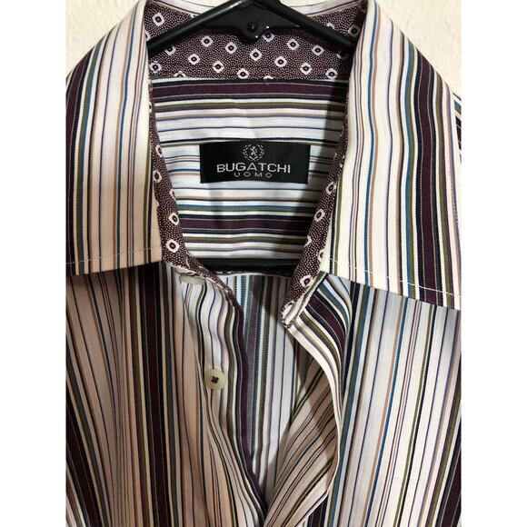 Bugatchi Shirt Mens Sz Medium Purple Striped Flip Cuff Long Sleeve Button Up - Picture 6 of 8